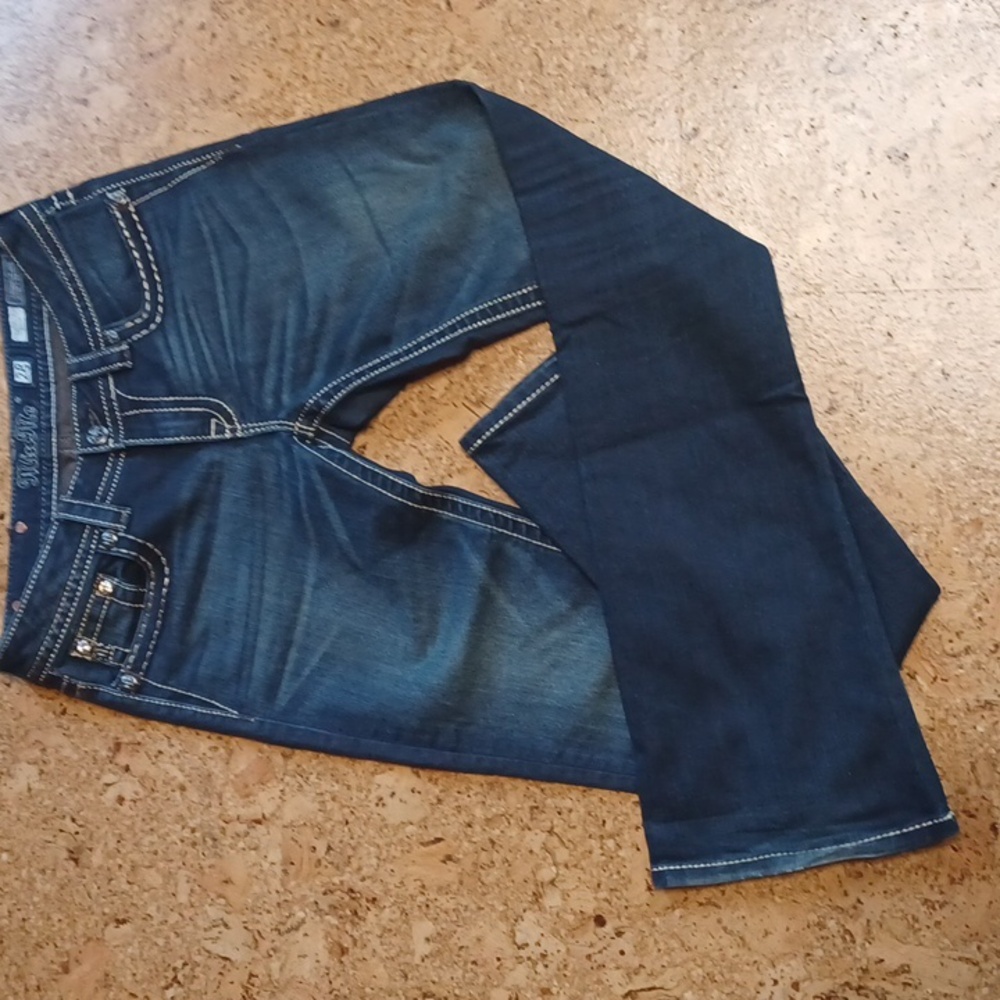 Miss Me Signature-Rise Boot Cut Jeans Size 28 W/ Rhinestones & Patches